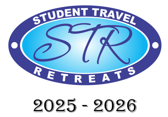 A blue and white logo with the words " student travel retreats 2 0 2 5-2 0 2 6 ".